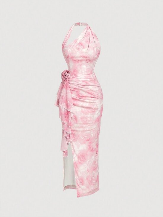 Pink Elegant Women's Halter Neck Dress with Floral Print Asymmetric High Slit - Picture 3 of 6